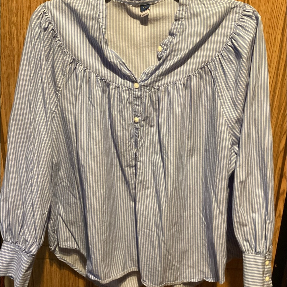 Old Navy Blue and White Ruffled Bib Collar Blouse